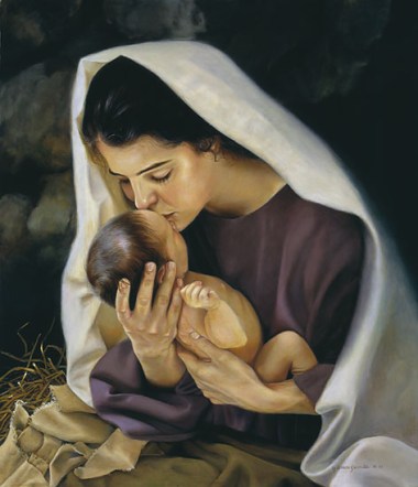 Mary kissing baby jesus, dark-haired